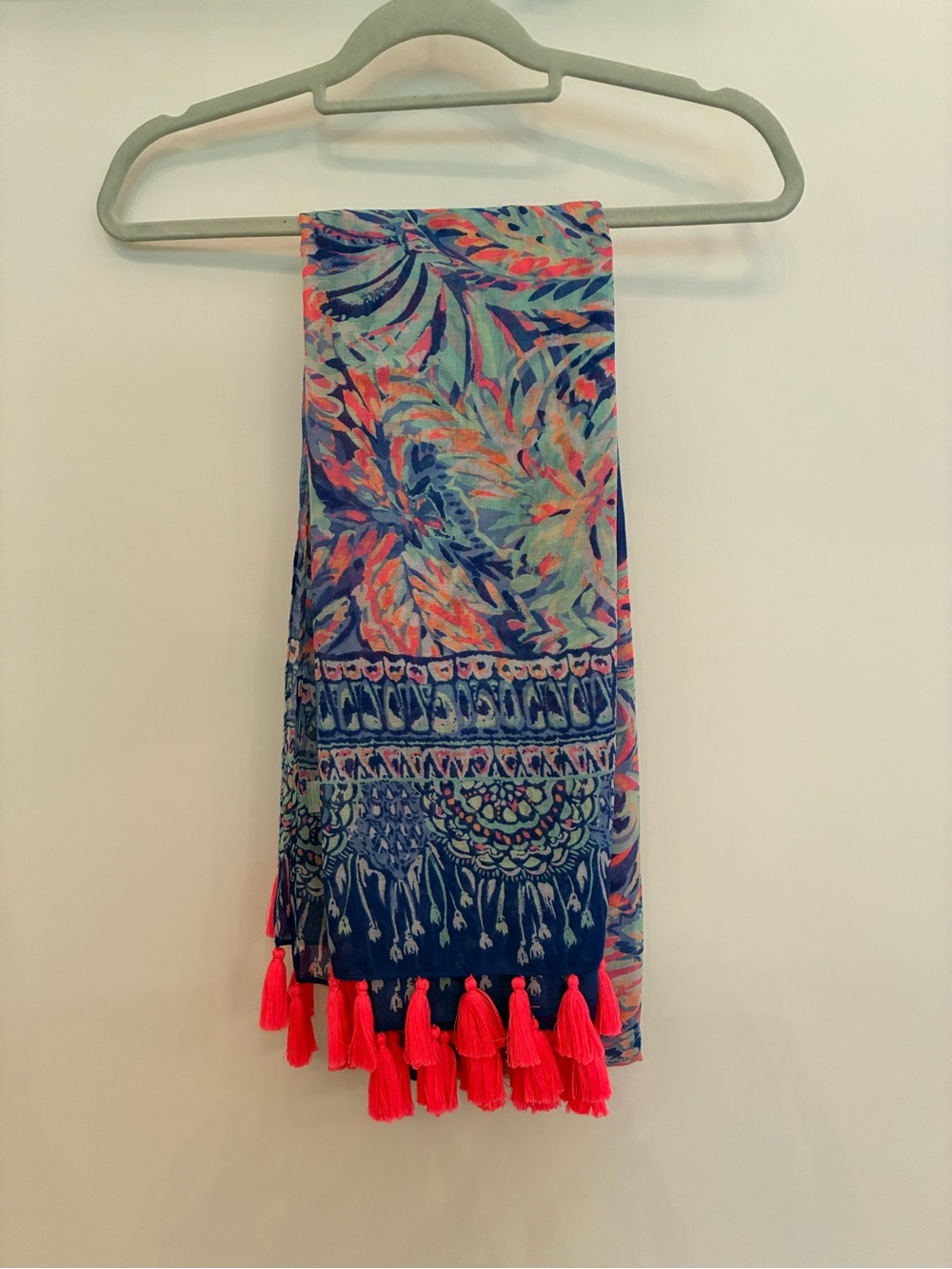 Lilly Pulitzer Blue & Pink Tropical Print Scarf with Coral Accents